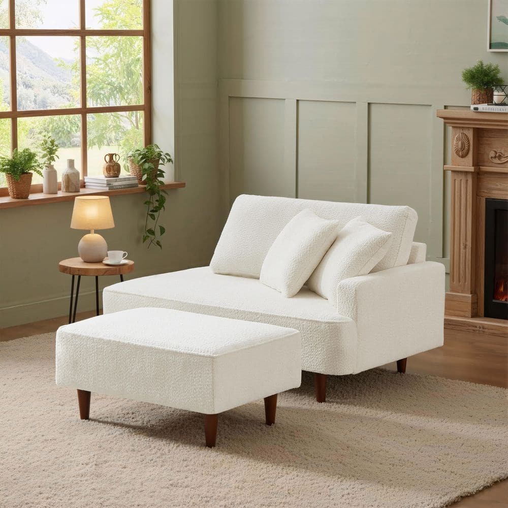 Willa Modern White Boucle Polyester Upholstered Chaise Lounge Chair with Ottoman and 2 Throw Pillows price history on PriceWatchPro