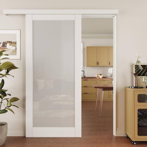 34 in. x 80 in. 1 Lite Tempered Frosted Glass White Primed MDF Hidden Track Style Sliding Barn Door with Hardware Kit