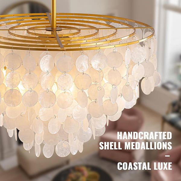 23.6 in. 7-Light Gold Chandelier with Glass Disc Accents, Round Pendant for Dining Room, Foyer, Bedroom with E12 Bulbs