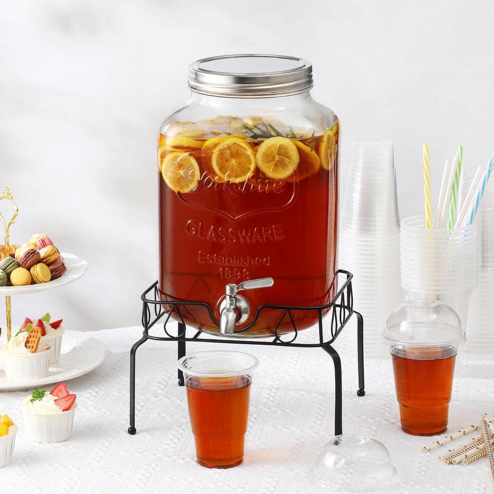 2 Gallon Clear Glass Beverage Dispenser with Stainless Steel Spigot and Stand
