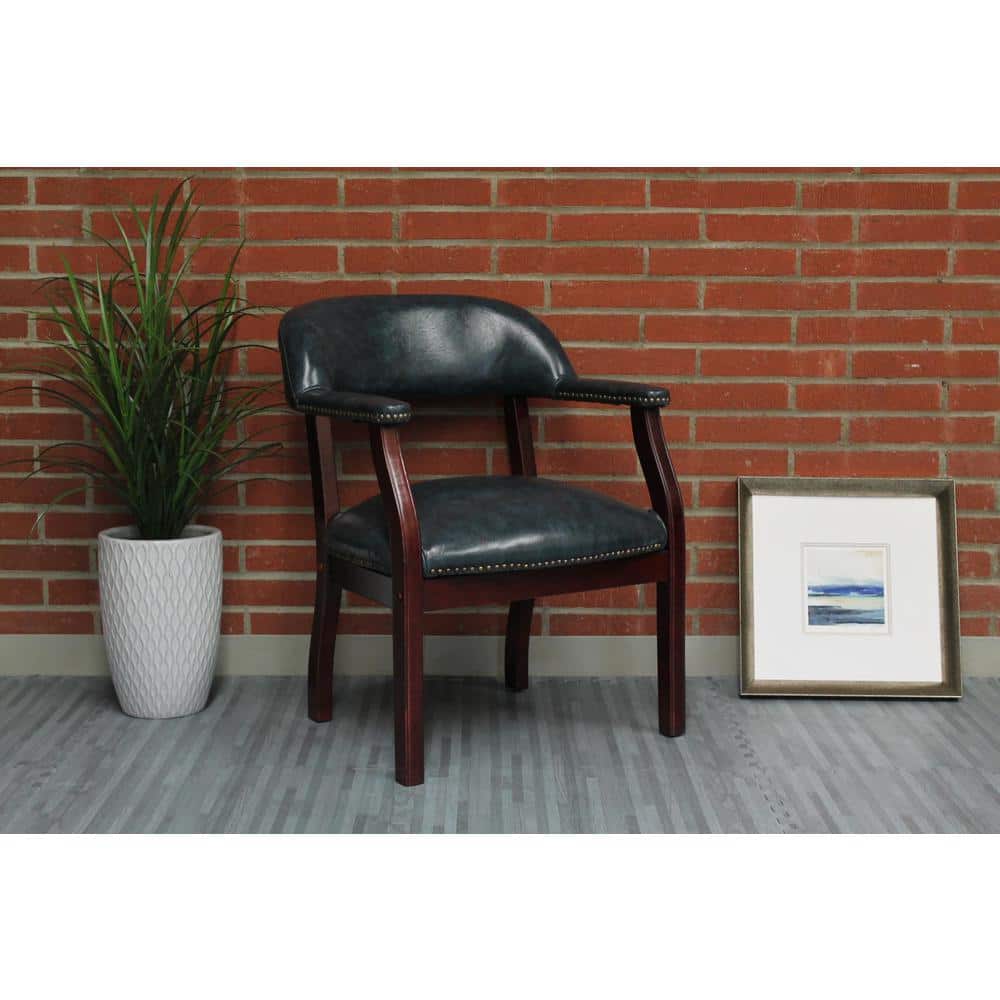 Blue Vinyl and Mahogany Wood Traditional Captain's Reception Chair
