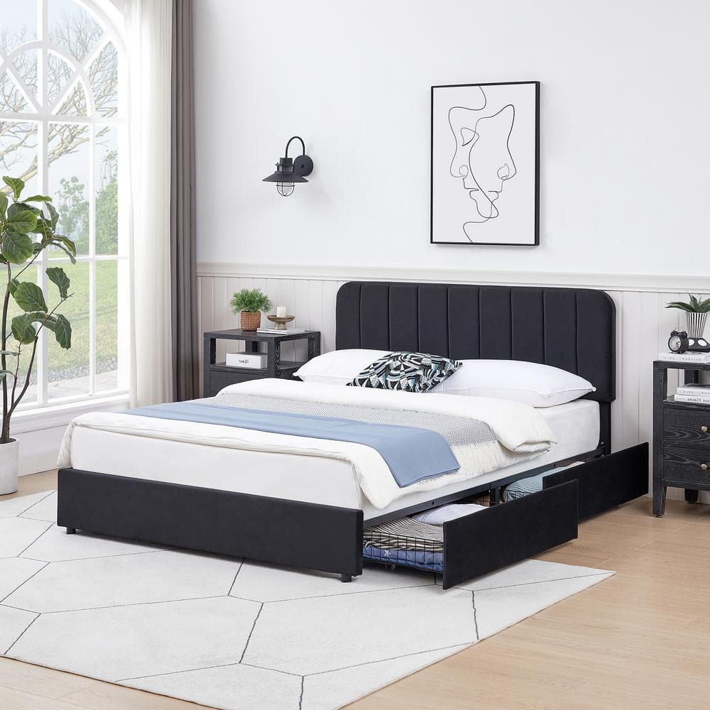 VECELO Upholstered Bed Black Metal Frame Full Size Platform Bed With 4 ...