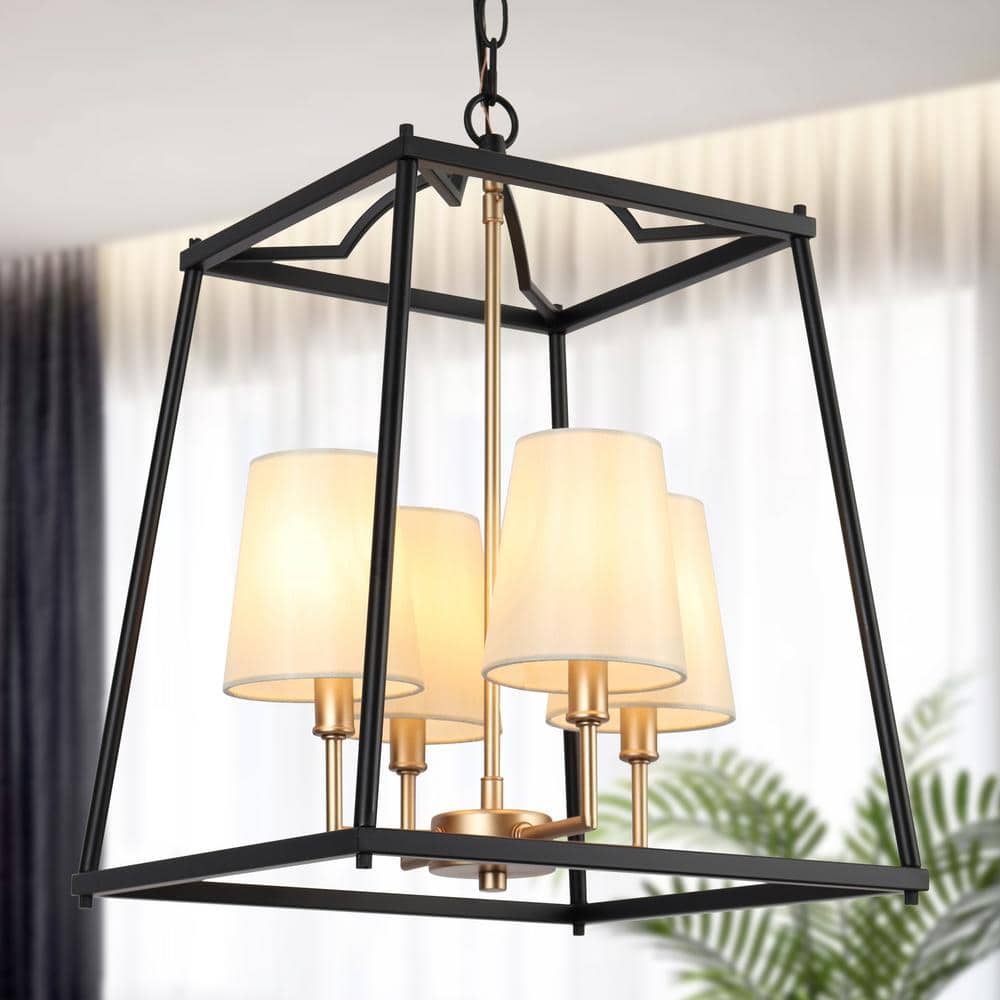 Zevni Classic 4-Light Black Cage Chandelier Lighting with Fabric Shades,  Modern Square Pendant Light for Dining Room Z-77FJUYJ2-4476 - The Home Depot