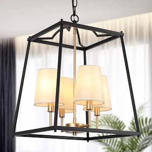 Classic 4-Light Black Cage Chandelier Lighting with Fabric Shades, Modern Square Pendant Light for Dining Room