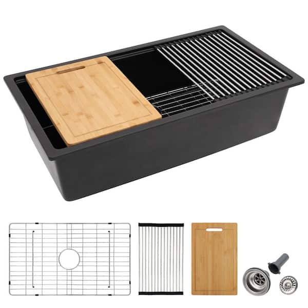 32 in.x19 in. Undermount Durable Granite Composite Ledge Workstation Kitchen Sink, Matte Black Single Bowl Quartz Sink