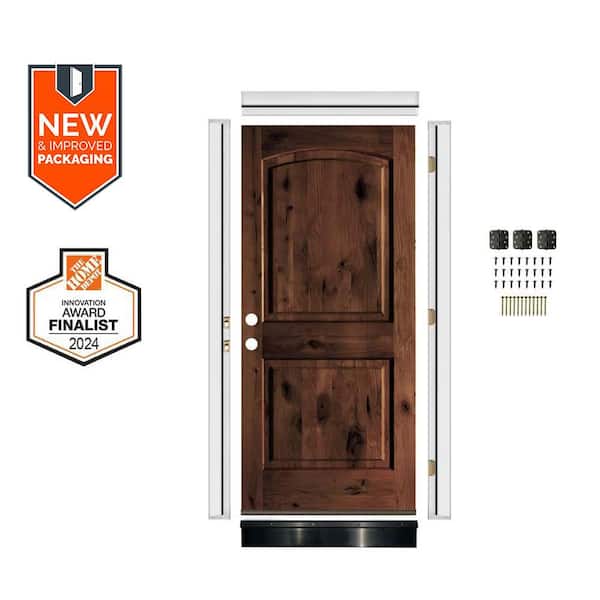 DIY 36 in. x 80 in. Knotty Alder 2Panel Right-Hand Arch Red Mahogany Stain Wood Front Door Kit w/ Quick Assemble Jamb