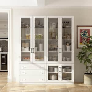 White Paint Finish Wood Storage Cabinet with Tempered Glass Doors, LED Lights, Drawers, Adjustable Shelves