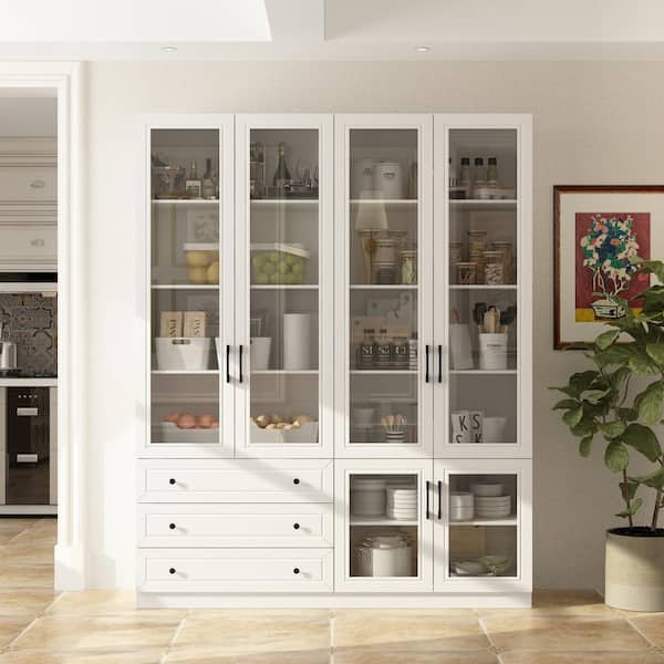 White Paint Finish Wood Storage Cabinet with Tempered Glass Doors, LED Lights, Drawers, Adjustable Shelves