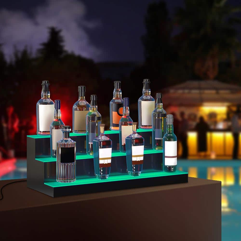30-Inch Black Acrylic 3-Tier LED Lighted Liquor Bottle Display