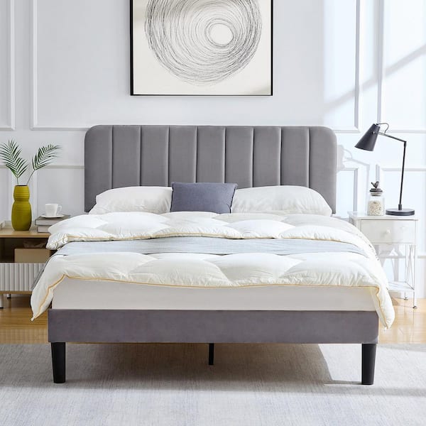 VECELO Upholstered Bed Frame Gray Metal Frame Queen Platform Bed with Adjustable Headboard, Strong Wooden Slats Support