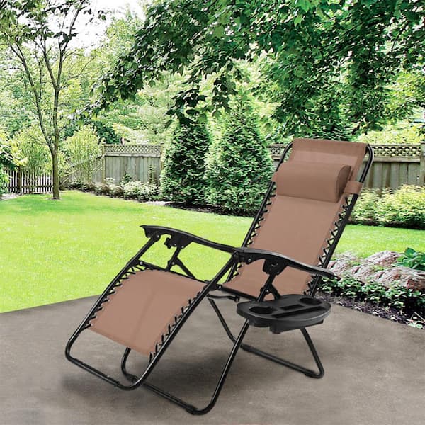Folding Plastic Outdoor Chaise Lounge with Cushions and A Cup Holder Tray in Brown