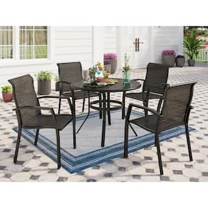 5-Piece Aluminum Patio Outdoor Dining Set with Round Slat Table and Textilene Dining Chairs