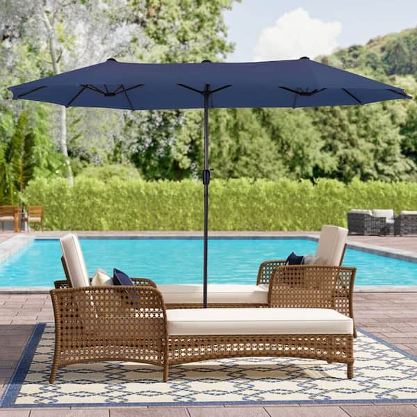 Zeus & Ruta 13 ft. Steel Outdoor Double Sided Market Patio Umbrella with UV Sun Protection and Easy Crank in Blue