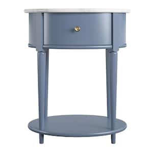 Abelia 21.6 in. Pale Blue with Faux Marble Top Round End Table with Drawer and Shelf