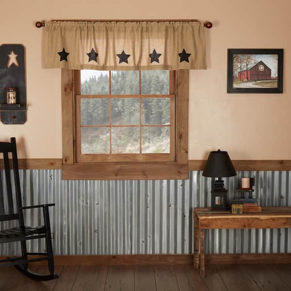 VHC BRANDS Burlap Natural Stars 72in. W x 16in. L Cotton Straight Edge Rod Pocket Farmhouse Kitchen Curtain Valance in Black Tan