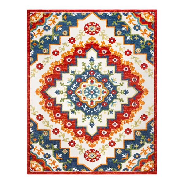 Gertmenian Fosel Arasi Ivory/Red 9 ft. x 13 ft. Center Medallion Indoor/Outdoor Area Rug