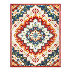 Fosel Arasi Ivory/Red 9 ft. x 13 ft. Center Medallion Indoor/Outdoor Area Rug