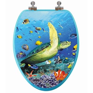 3D Ocean Series Sea Turtle Elongated Closed Front Toilet Seat in Blue