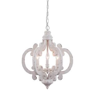 Cottage Chic Crown 6-Light Distressed White Wood Chandelier with Farmhouse Wooden Pendant