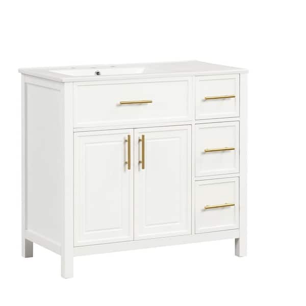 36 in. W x 18 in. D x 34 in. H Single Sink Freestanding Bath Vanity in White with White Ceramic Top and (3-Drawers)