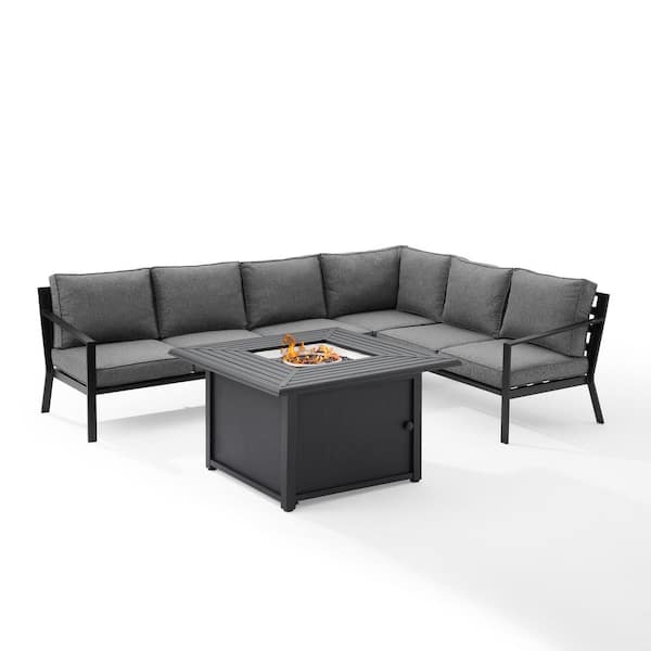 CROSLEY FURNITURE Clark Matte Black 5-Piece Metal Patio Fire Pit Set with Charcoal Cushions