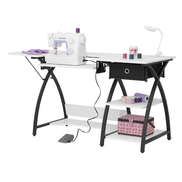 Sew Ready Comet Plus 56.75 in. W x 23.5 in. D PB Craft Sewing Center with Grid and Storage Drawer in Black/White