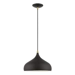 Amador 1-Light Textured Black Pendant with Antique Brass Accents