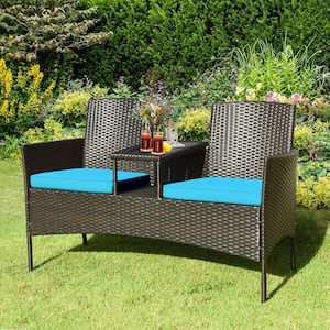 Brown 1-Piece Wicker Outdoor Patio Conversation Set Loveseat Sofa with Coffee Table and Turquoise Cushions