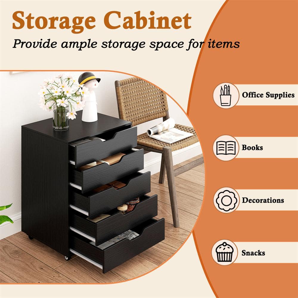 Black MDF 5-Drawer Mobile Storage Cabinet with Wheels