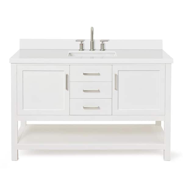 Bayhill 55 in. W x 22 in. D x 36 in. H Bath Vanity in White with Pure Pure White Quartz Top