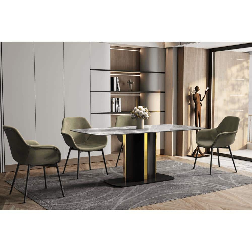 Sylva Light Grey Glass Top Dining Table with Gold Steel Pedestal Base