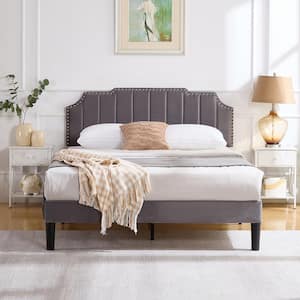 Upholstered Bed Gray Metal+Wood Frame Queen Platform Bed with Tufted Adjustable Headboard/Mattress Foundation
