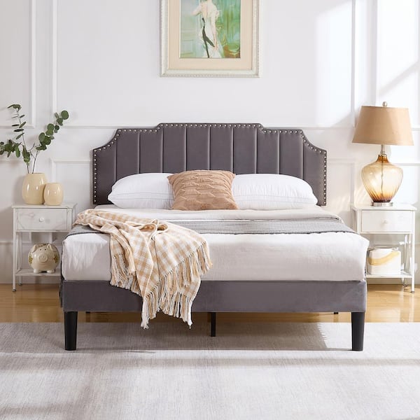 VECELO Upholstered Bed Gray Metal+Wood Frame Queen Platform Bed with Tufted Adjustable Headboard/Mattress Foundation