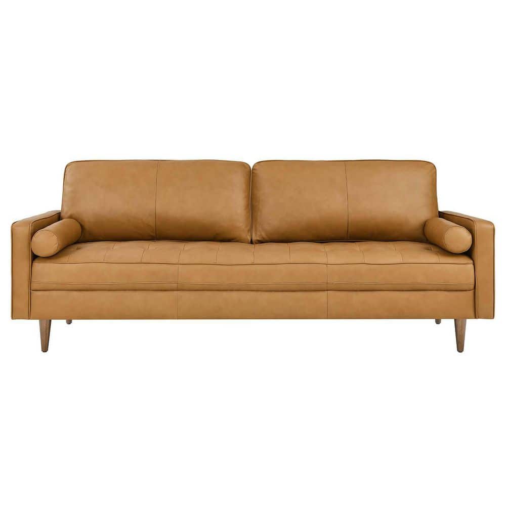 Tan Tufted Leather Sofa with Ottoman and Wood Legs