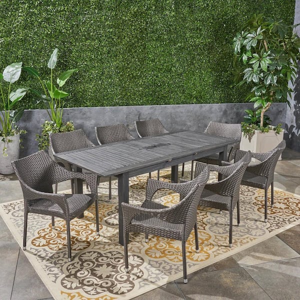 Damon Sandblast Dark Grey 9-Piece Wood and Grey Faux Rattan Outdoor Patio Dining Set