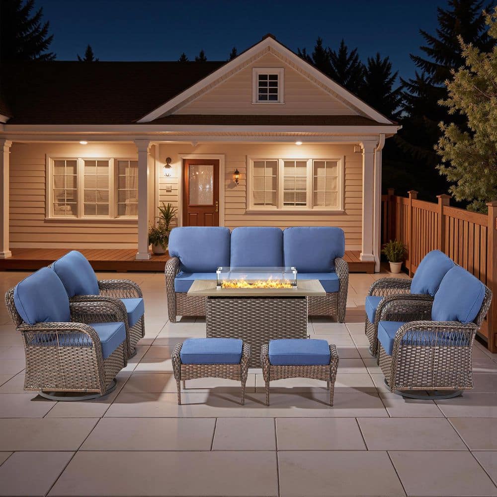 Tyber 8-Piece Brown Wicker Outdoor Fire Pit Patio Conversation Sofa Sets with Swivel Glider Chairs with Blue Cushions price history on PriceWatchPro