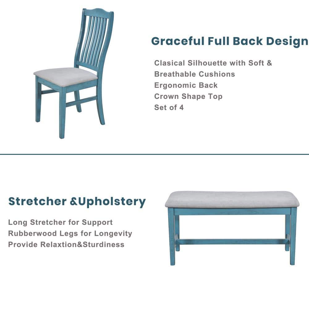 Antique Blue 6-Piece Wood Dining Set with Slat Back Chairs and Bench