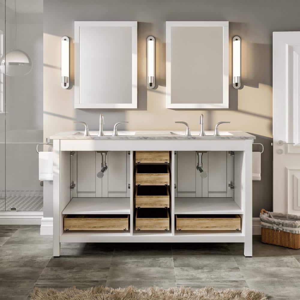 Aberdeen White Double Sink Bathroom Vanity with Carrara Quartz Top