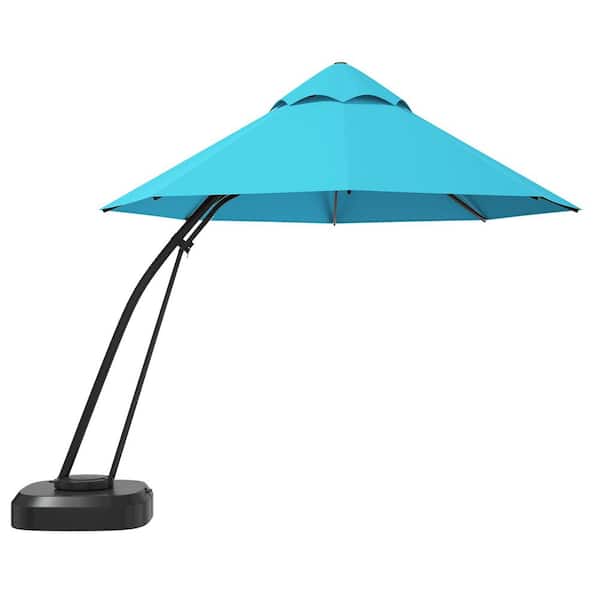 Gymax 11 ft. Cantilever Patio Hand Push Offset Hanging Umbrella with Wheels Base in Turquoise