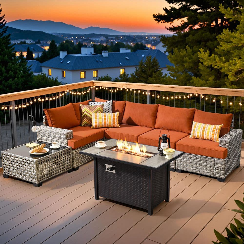 Ligne 7-Pieces Wicker Outdoor Patio Rectangular Fire Pit Sets with Orange Red Cushions