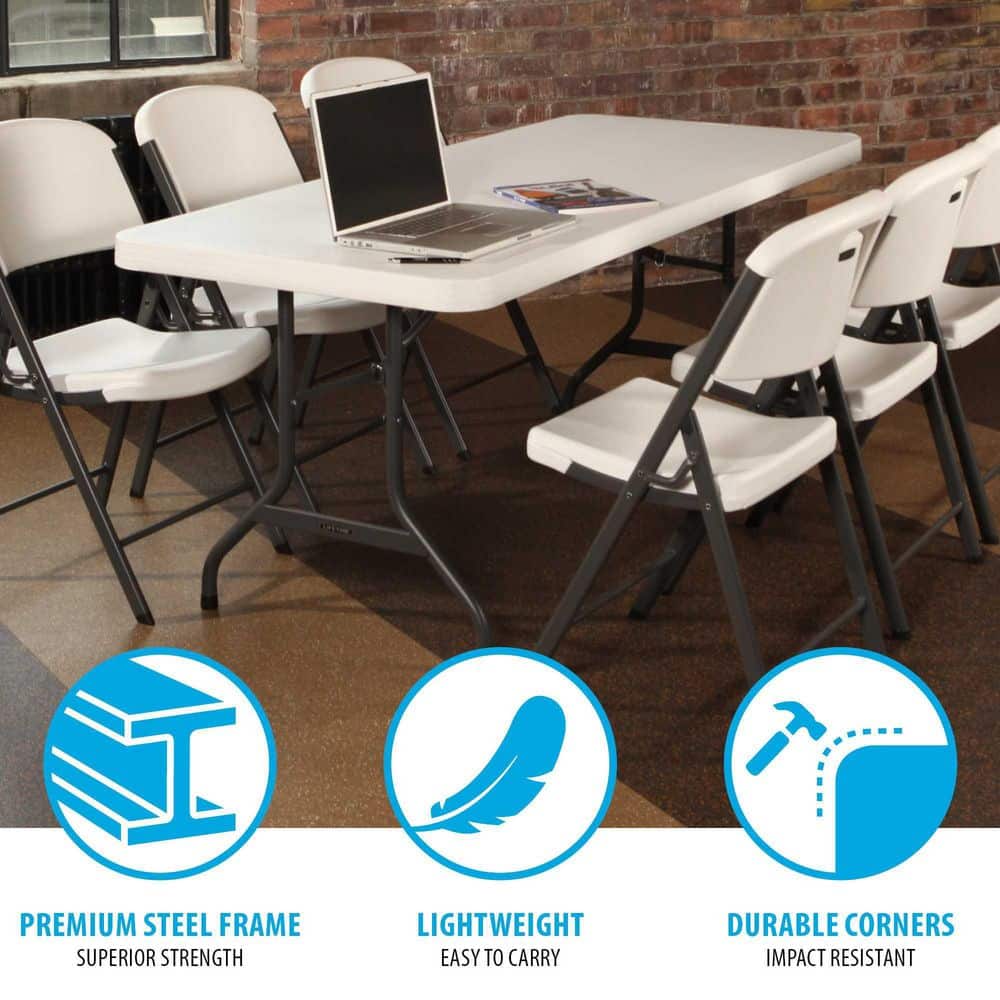 6-Foot White Granite Rectangular Folding Table with Steel Frame