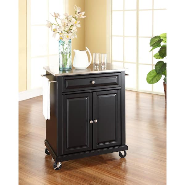 Rolling Black Kitchen Cart with Stainless Top