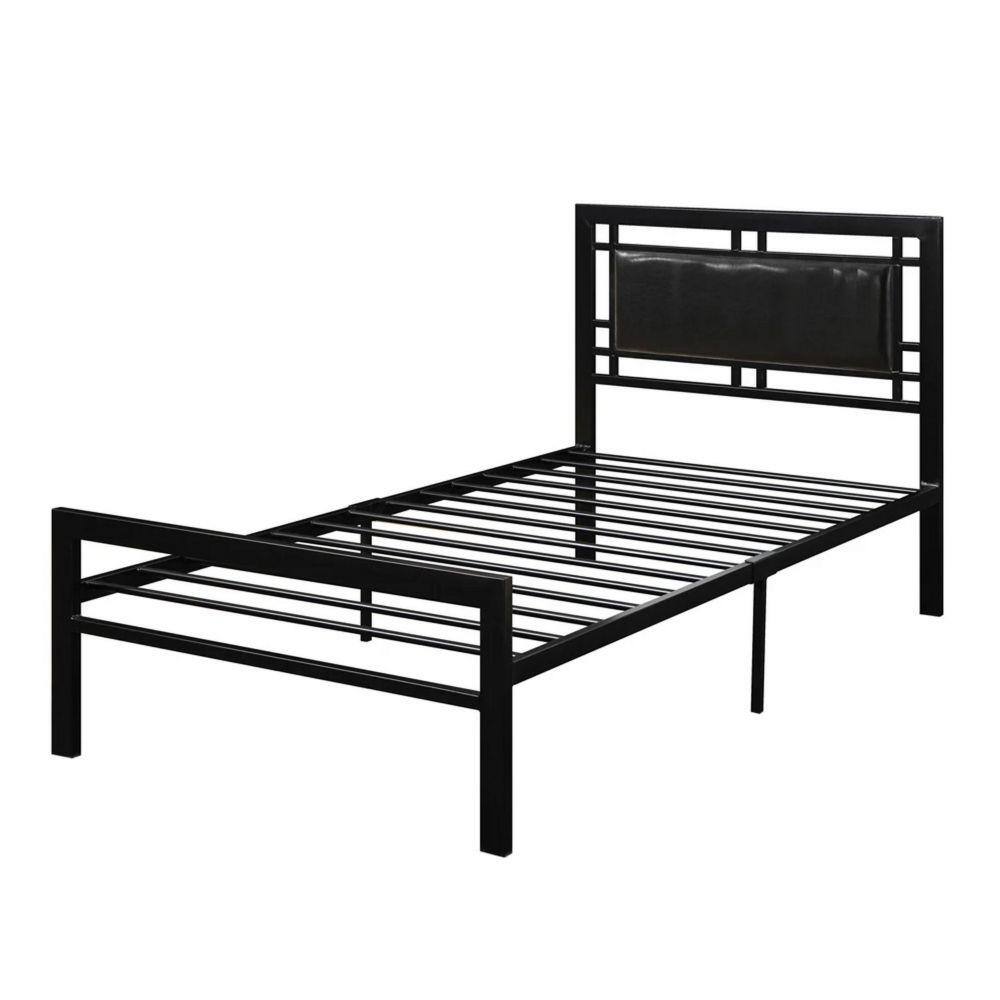Benjara Black Metal Frame Twin Platform Bed With Leather Upholstered