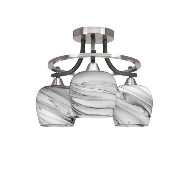 Unbranded Madison 15.5 in. 3-Light Matte Black and Brushed Nickel Semi-Flush Mount with Onyx Swirl Glass Shade