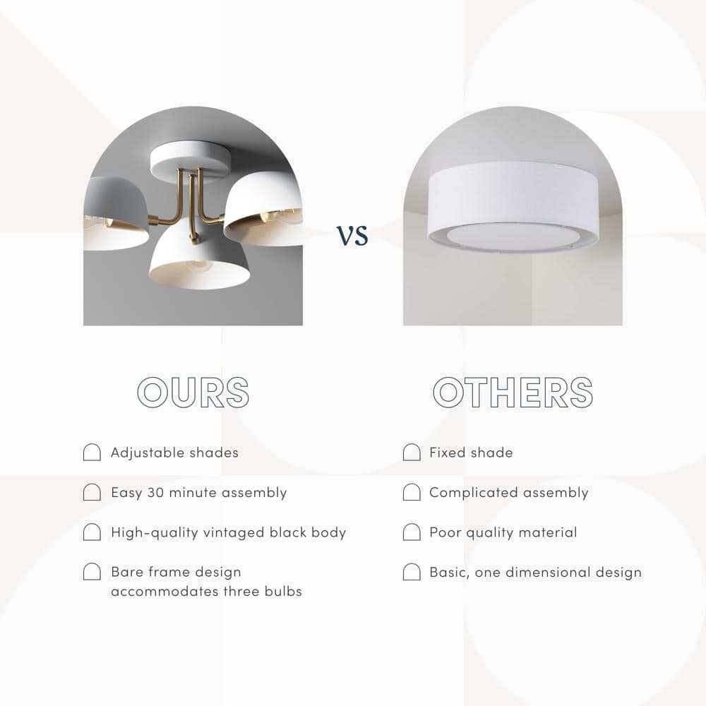 White and Brass 3-Light Semi Flush Ceiling Mount Fixture