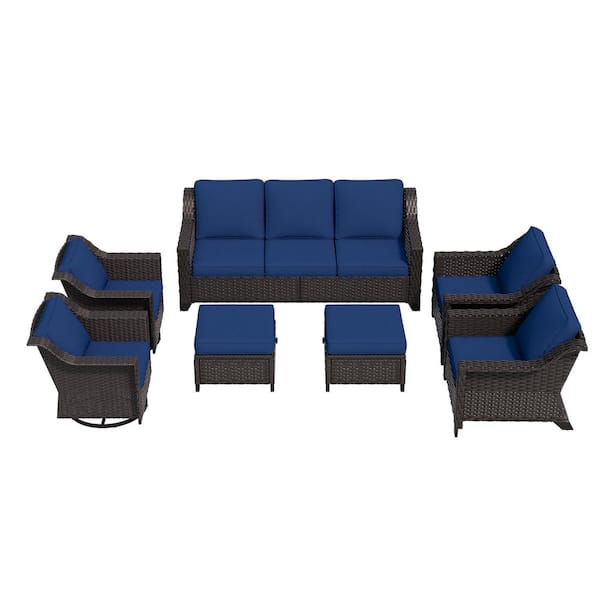 7-Piece Wicker Outdoor Patio Conversation Furniture Sofa Set Swivel Rocker Chairs with Blue Cushions