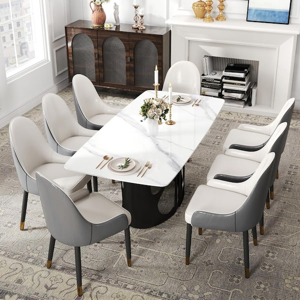 Magic Home 70.8 in. White Rectangle Round Edge Sintered Stone Top Pedestal Black Metal Base Dining Table (Seats-8)