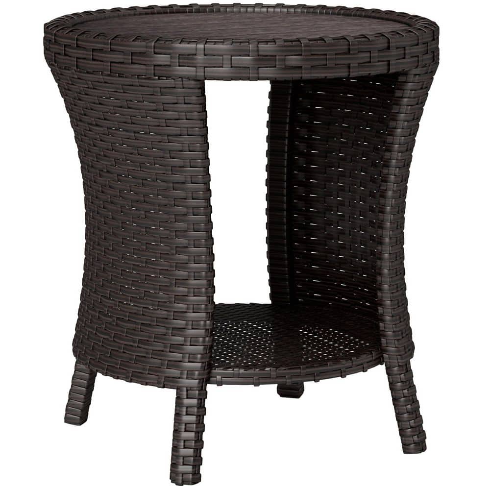 Mixed Brown Round 18 Wicker Outdoor Coffee Table, 2-Tier Patio Side Tabl