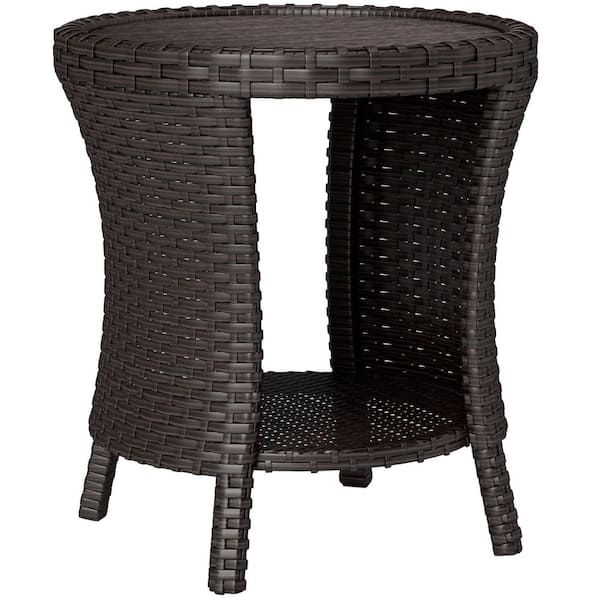 Outsunny Mixed Brown Round 18" Wicker Outdoor Coffee Table, 2-Tier Patio Side Table with Storage, PE Rattan Outdoor Coffee Table