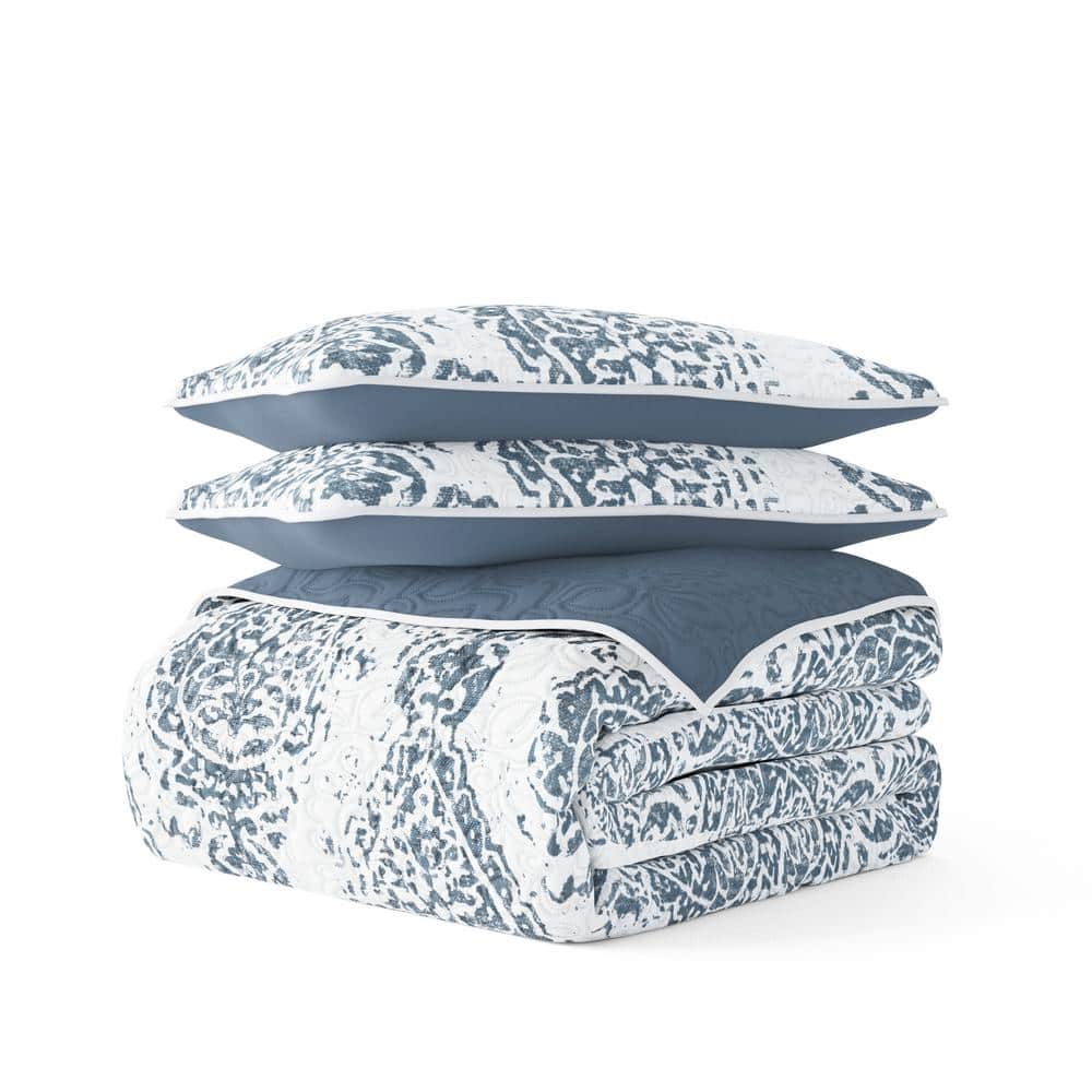 Dusk Blue Reversible Microfiber Full Quilt Set with Shams
